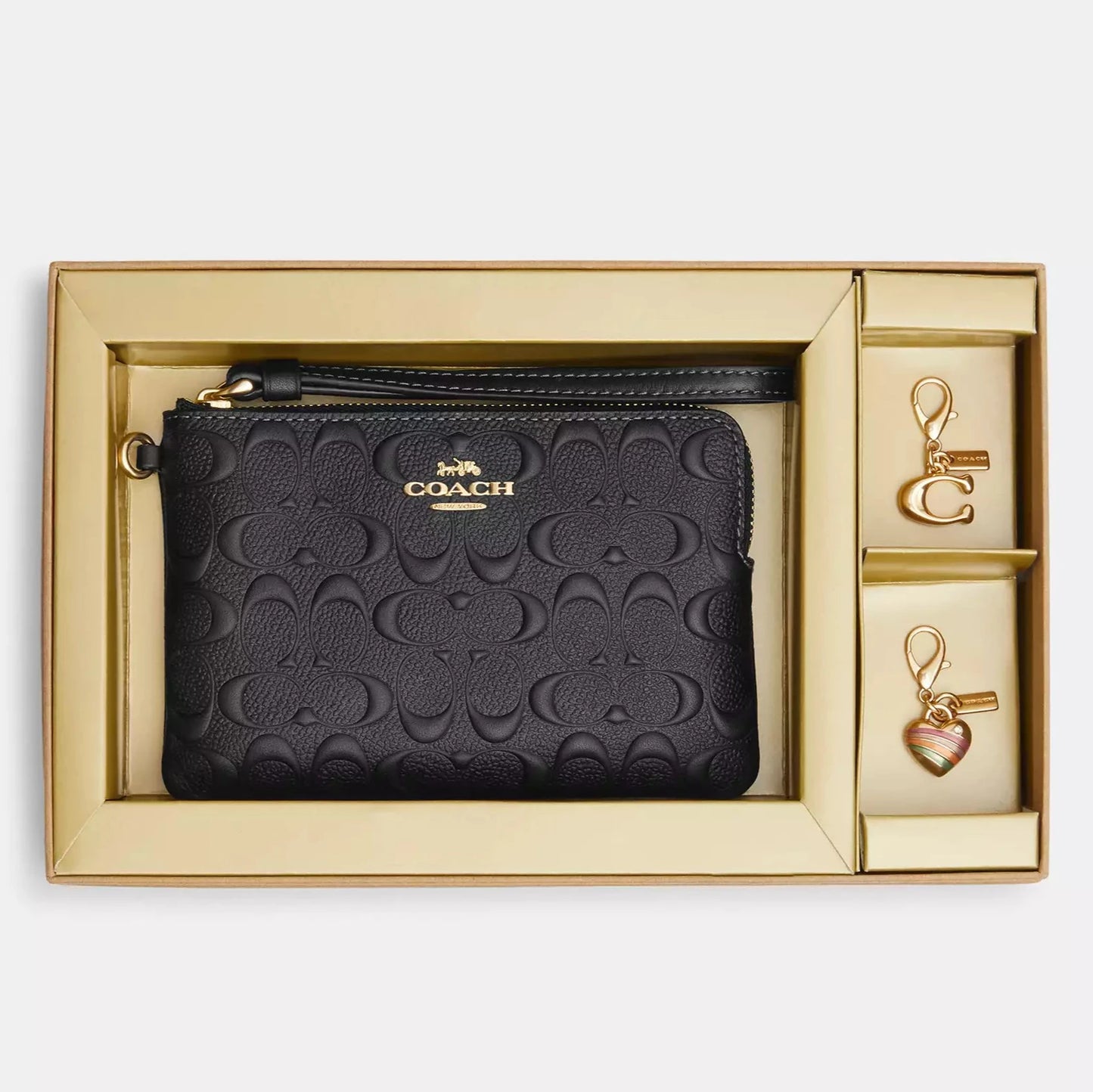 Coach Boxed Corner Zip Wristlet in Signature Leather, Black