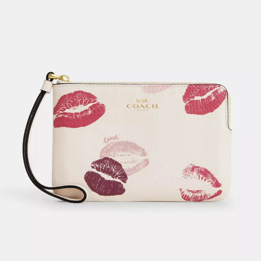 Coach Corner Zip Wristlet With Lips Print